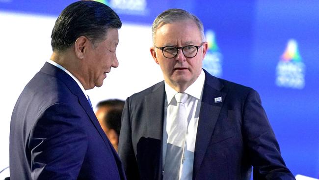 China's President Xi Jinping talks with Anthony Albanese in 2023. Picture: Reuters/Loren Elliott