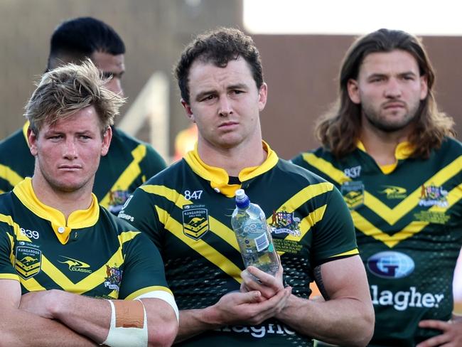 HAMILTON, NEW ZEALAND - NOVEMBER 04: The Australian Kangaroos look dejected following the Men's Pacific Championship Final match between Australia Kangaroos and New Zealand Kiwis at Waikato Stadium on November 04, 2023 in Hamilton, New Zealand. (Photo by Phil Walter/Getty Images)