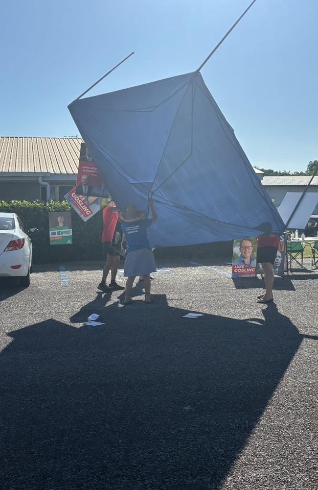 The winds of change may be blowing for Solomon MP Luke Gosling's team at Leanyer on election day, May 3, 2025. Picture: Thomas McLean