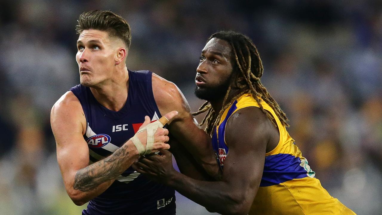 Rory Lobb’s Dockers and Nic Naitanui’s Eagles could meet late in a rebooted 2020 AFL fixture. Picture: Will Russell