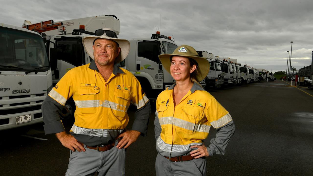 Cyclone Kirrily Townsville 2024. Ergon Energy muster resources at Reid Park. Fleet Technical Support Officer Matt Hubbucks and Programme Coordinator Linden East. Picture: Evan Morgan