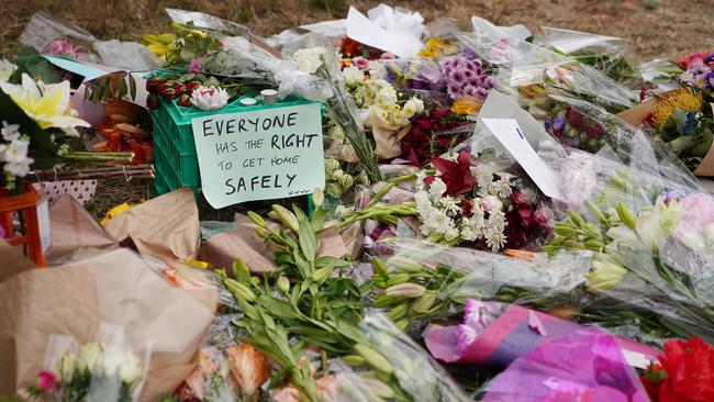 The floral tribute outside the Polaris Shopping centre in Bundoora. Picture: AAP Image/Stefan Postles