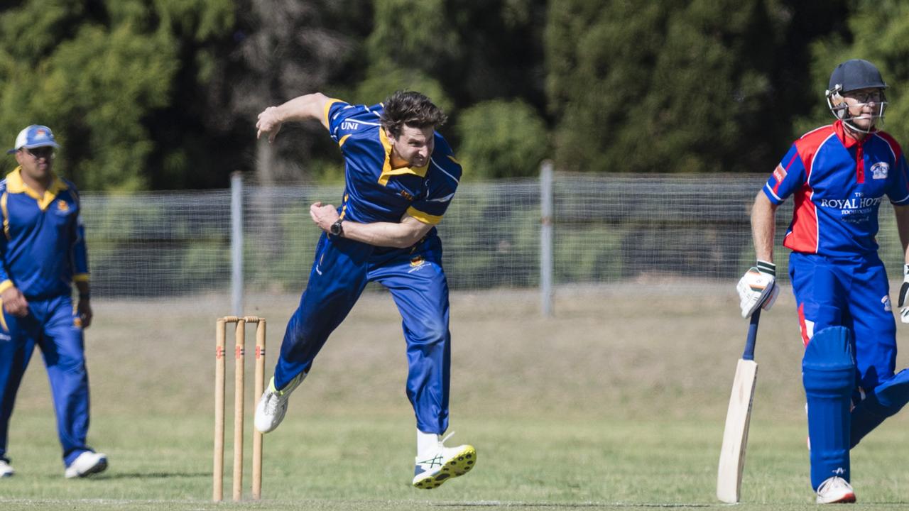 University bowler Matt Johnston against Highfields. Picture: Kevin Farmer