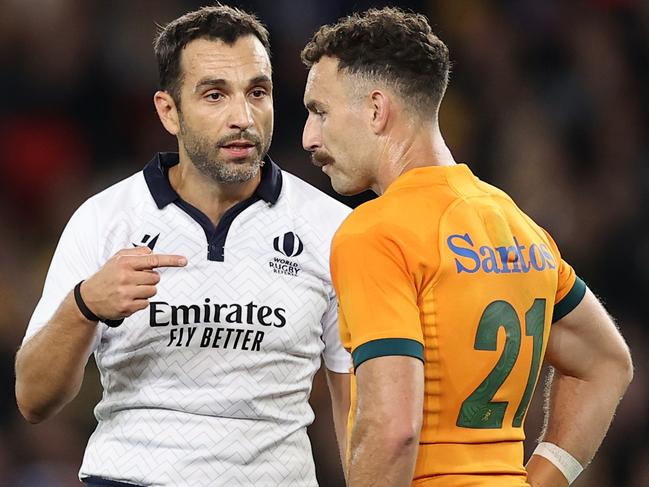 Referee Mathieu Raynal (L) made one of the worst decisions in the history of the game, writes Stuart Barnes. Picture: Cameron Spencer/Getty Images