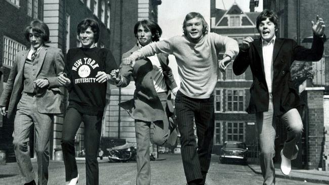 1967 Australian band Bee Gees in London, from left, Robin Gibb (17), Barry Gibb (20), Maurice Gibb (17), Colin Petersen (19) and Vince Melouney (22). Picture: The Courier-Mail photo archive