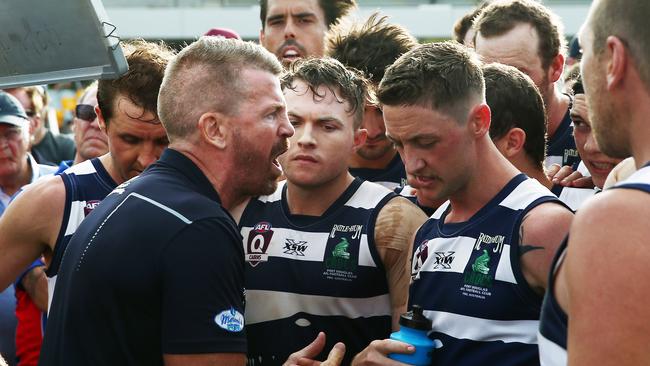 Port Douglas coach Brad Cooper rallies his players at three quarter time in the AFL Cairns men's grand final match between the Port Douglas Crocs and the South Cairns Cutters, played at Cazalys Stadium. PICTURE: BRENDAN RADKE.