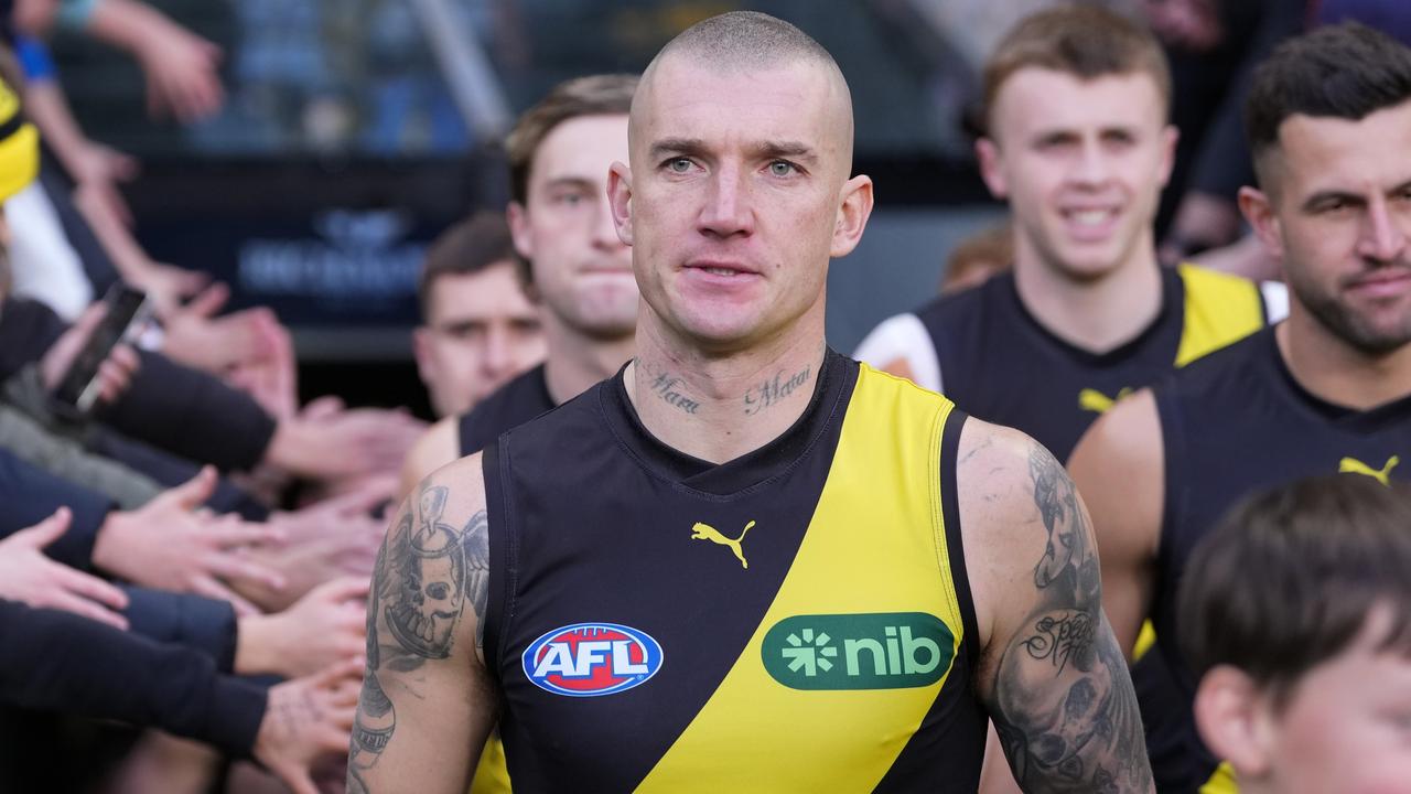 MELBOURNE, AUSTRALIA - JUNE 30: Dustin Martin of the Tigers runs out with the team during the round 16 AFL match between Richmond Tigers and Carlton Blues at Melbourne Cricket Ground, on June 30, 2024, in Melbourne, Australia. (Photo by Daniel Pockett/Getty Images)