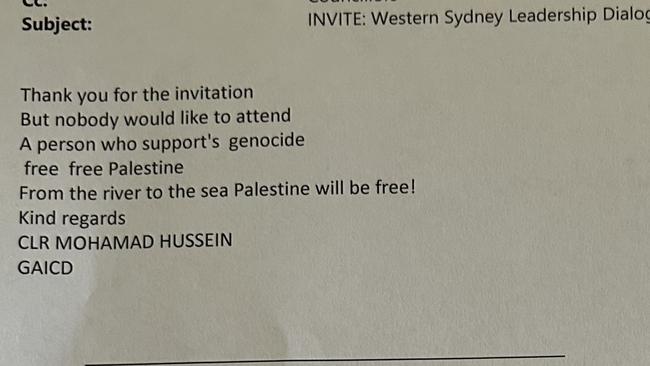An email Mr Hussein sent declining an invitation to a Western Sydney leadership luncheon.