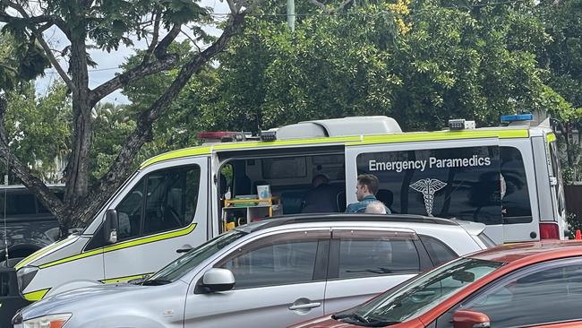 Emergency services including firefighters, police and paramedics and Ergon Energy workers attended a two vehicle crash which involved one car also hitting a street pole in North Cairns on November 9, 2022. Picture: Alison Paterson