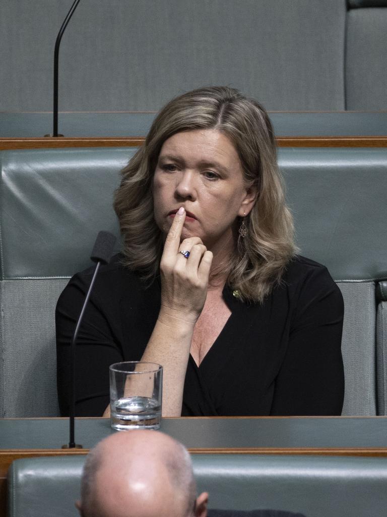 Bridget Archer crossed the floor in the chamber during a censure motion of former Prime Minister Scott Morrison, over the secret minister scandal, in Parliament House in Canberra. Picture: NCA NewsWire / Gary Ramage