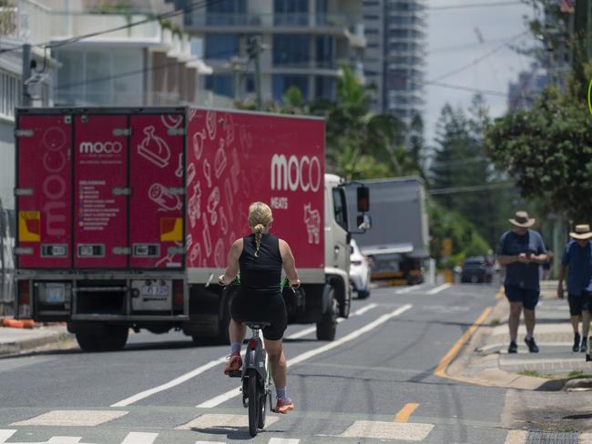 Hedges Ave has turned into a logistical nightmare with cyclists, pedestrians and vehicles sharing the narrow street. Picture: Glenn Campbell.