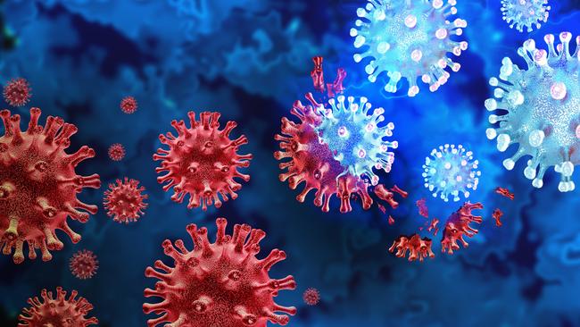 Mutating virus variant and cell mutation variants as a health risk concept and new coronavirus outbreak or covid-19 viral cells mutations and influenza background as a 3D render.