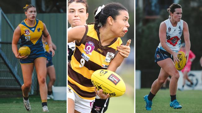 QAFLW standouts Imogen Evans (Bond), Louise Tyson (Aspley) and Lucy Schneider (Coorparoo). Pictures: Clyde Scorgie/Brooke Sleep Media and Highflyer Images.