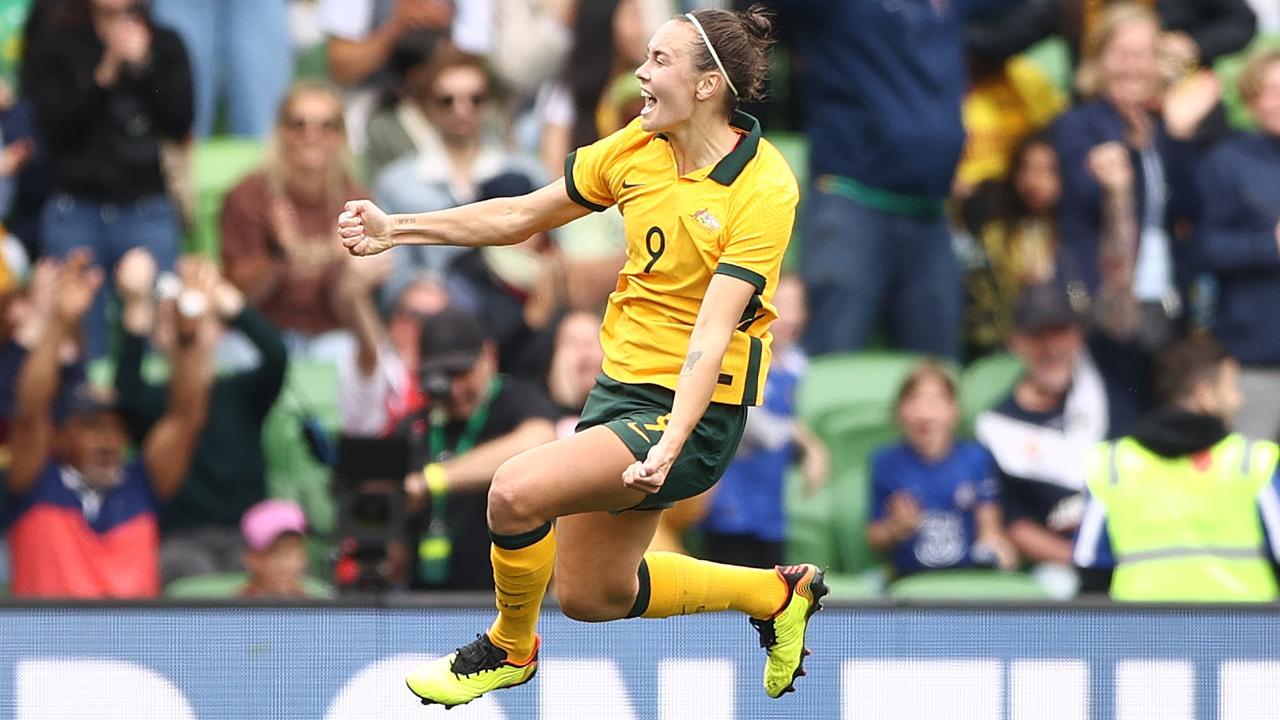 MELBOURNE, AUSTRALIA - NOVEMBER 12: Caitlin Foord of the Matildas celebrates after scoring a goal during the International friendly match between the Australia Matildas and Sweden at AAMI Park on November 12, 2022 in Melbourne, Australia. (Photo by Robert Cianflone/Getty Images)