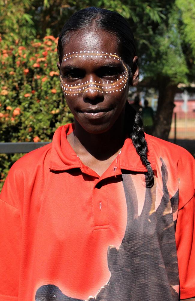 Darwin born Mak Mak Marranunggu rapper J-MILLA greets fans ahead of a concert in Wadeye on June 1, 2023. Fan Bridget Perdjert, 23. Picture: Jason Walls