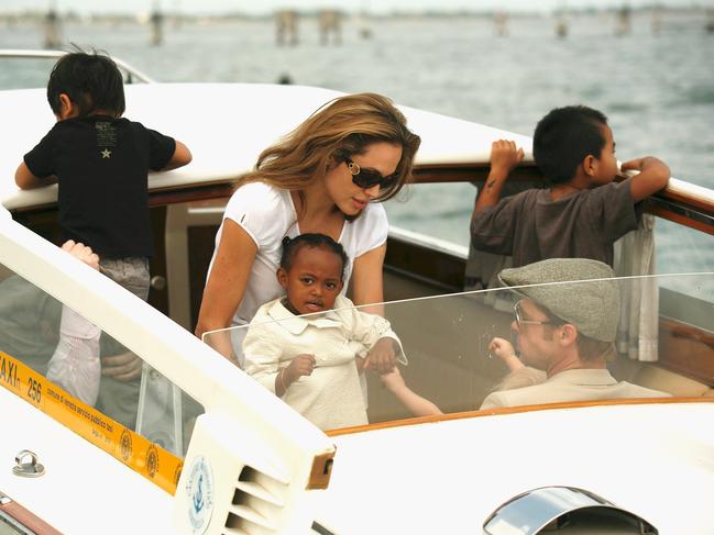 Angelina Jolie, Brad Pitt and their children leaving the Cipriani Hotel of Venice by boat on their way to the Venice airport on September 3, 2007. Picture: Getty