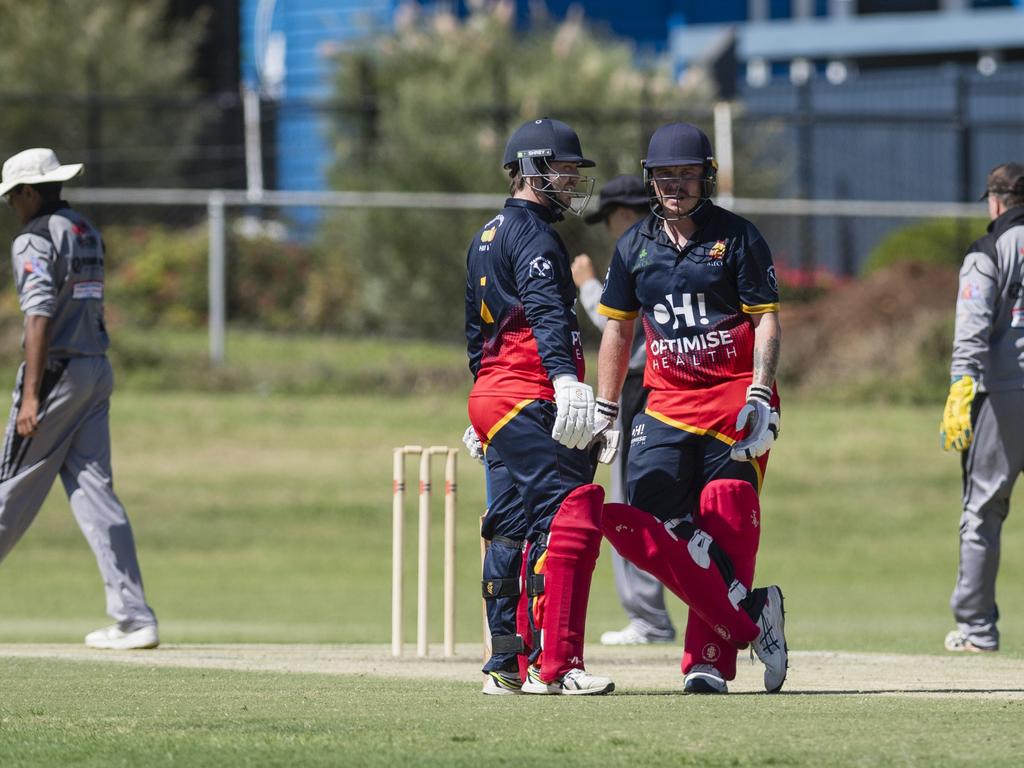 Andrew Young (left) and Kahlem Reardon for Metropolitan-Easts against Souths Magpies in Toowoomba Cricket Reserve Grade One Day grand final at Captain Cook Reserve, Sunday, December 10, 2023. Picture: Kevin Farmer