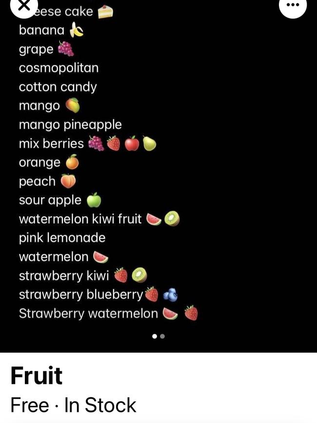 Vapes are sold under the title ‘fruit’ on Facebook. Picture: Supplied