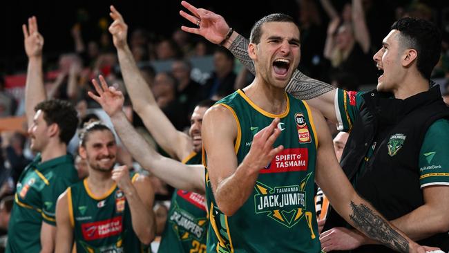 Jack McVeigh celebrates after a round three win against Perth Wildcats at MyState Bank Arena on October 22, 2022. Picture: Steve Bell/Getty Images