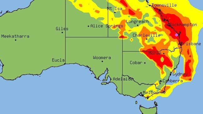 A forecast chart shows the likelihood of severe storms across Australia on Saturday afternoon. Picture: BSCH