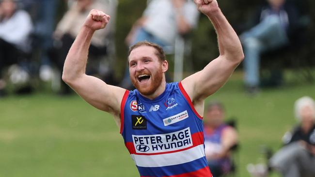 Jarrod Schiller from the Bulldogs reacts after scoring a goal during the Round 19 SANFL match between Central Districts andPort Adelaide at Elizabeth Oval in Adelaide, Saturday, August 24, 2024. (SANFL Image/David Mariuz)