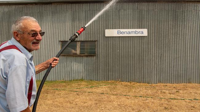 Ben Buckly, 83 in the farming town of Benambra runs through his bushfire defence. Picture: Jason Edwards