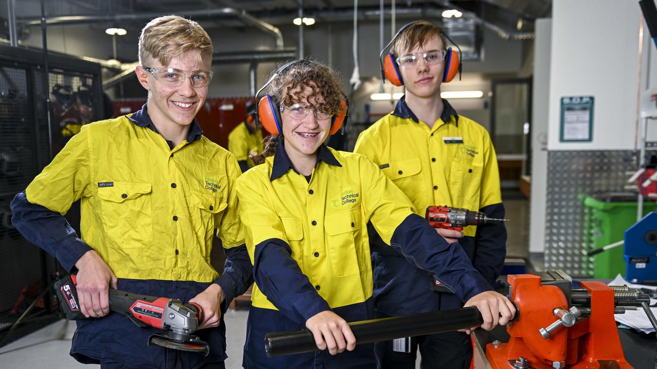 Wyatt Barnes, 16, Isla Taylor, 15, on the metal plate bender and Jacob Vine, 18, during their Advanced Manufacturing and Engineering course at Findon Technical College. Picture: Mark Brake