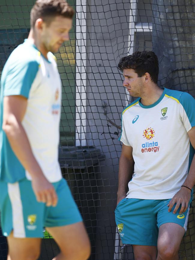 Jhye Richardson (right) and Josh Hazlewood in the nets. Picture: Getty Images