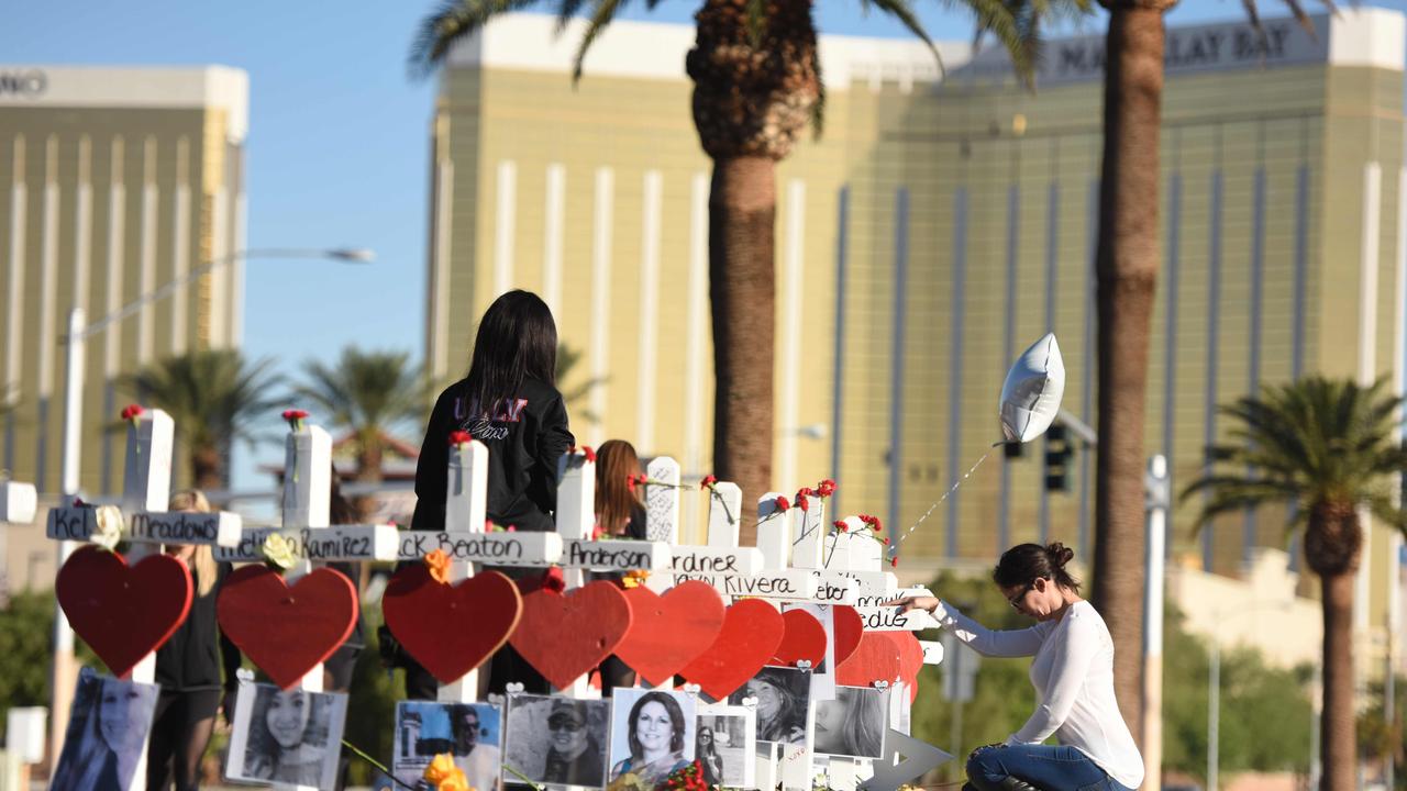 Crosses for the victims the 2017 Las Vegas Strip shooting which began just as Jason Aldean was finishing his set. Picture: AFP / Robyn Beck