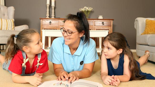 Governess Aimee Lynch with seven-year-olds Lucy Belle (left) and Josephine. Picture: AAP