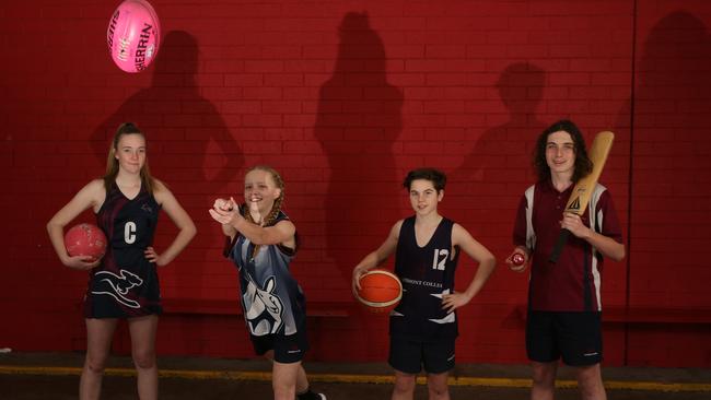 Sophia Hanna (netball), Georgie Marsden (football) Tom Milne (Basketball) and Dylan Christensen (cricket) are looking forward to taking part in the new Heathmont College sports academy. Picture: Stuart Milligan