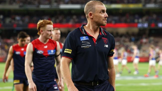 Melbourne coach Simon Goodwin lamented a couple of ‘sliding doors’ plays. Picture: Michael Klein