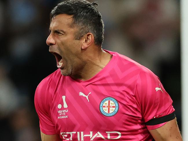 MELBOURNE, AUSTRALIA - MAY 05: Melbourne City goalkeeper Jamie Young celebrates saving a penalty from Leigh Broxham of the Victory during the A-League Men Elimination Final match between Melbourne Victory and Melbourne City at AAMI Park, on May 05, 2024, in Melbourne, Australia. (Photo by Robert Cianflone/Getty Images)