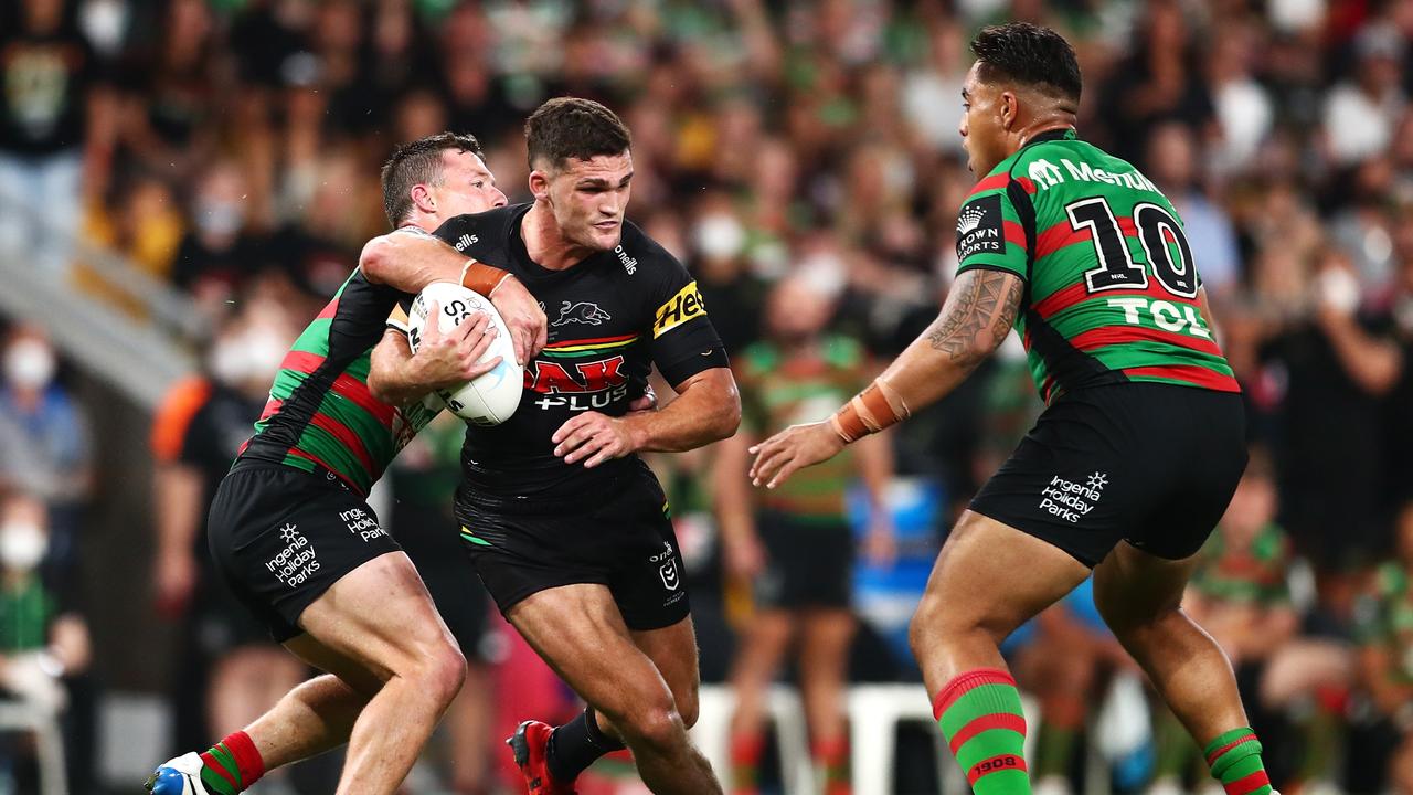 Nathan Cleary of the Panthers is tackled during the 2021 NRL Grand Final