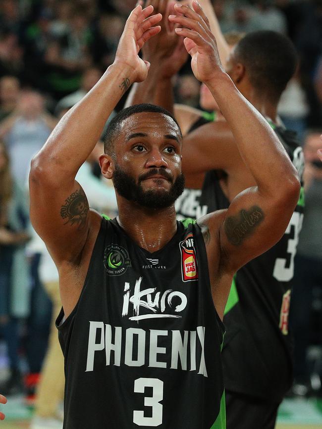 Sharpshooter John Roberson thanks fans after the win over the 36ers. Picture: Getty Images