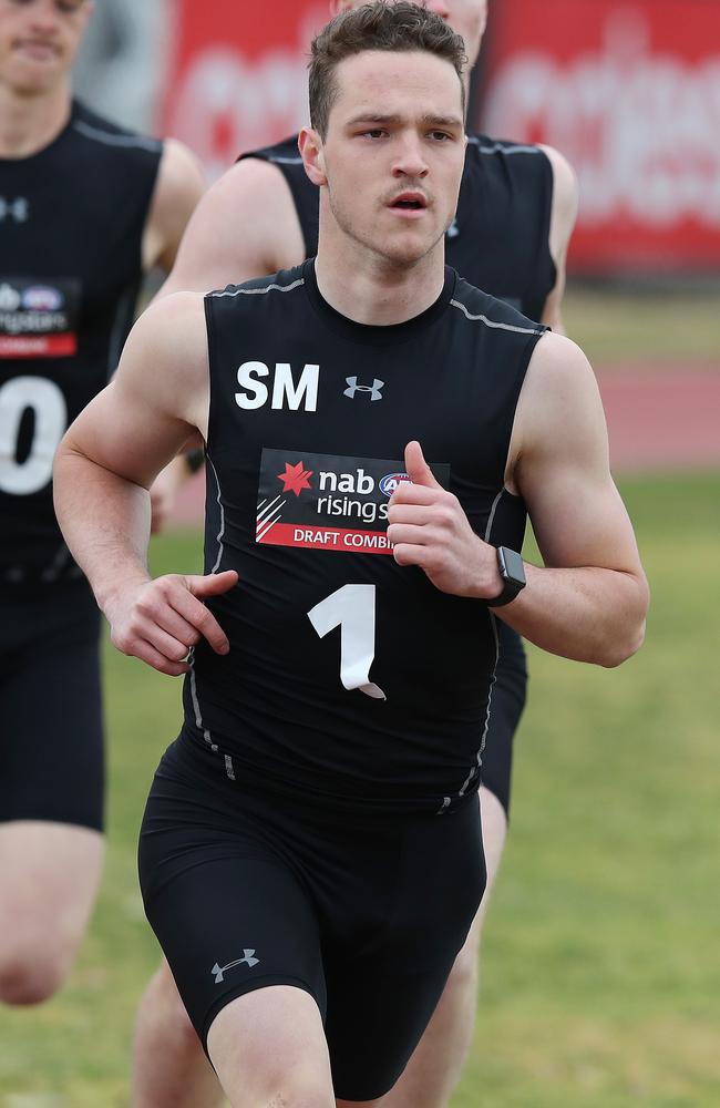 Riley Baldi putting in the long strides at the AFL draft combine at Olympic Park. Picture: Michael Klein.