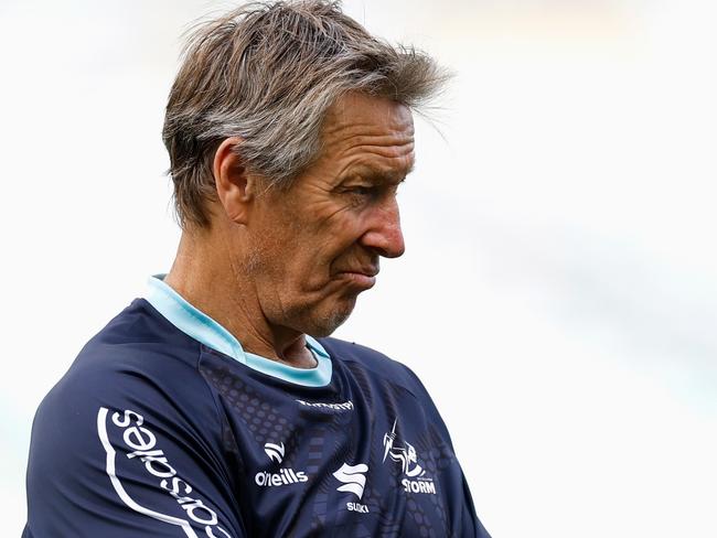 SYDNEY, AUSTRALIA - OCTOBER 05: Storm head coach Craig Bellamy looks on during the Melbourne Storm captain's run at Accor Stadium, on October 05, 2024, in Sydney, Australia. (Photo by Cameron Spencer/Getty Images)