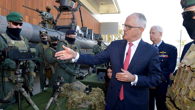 Australian Prime Minister Malcolm Turnbull speaks to Special Operations Command soldiers during a visit to Holsworthy Barracks in Sydney. Picture: AAP