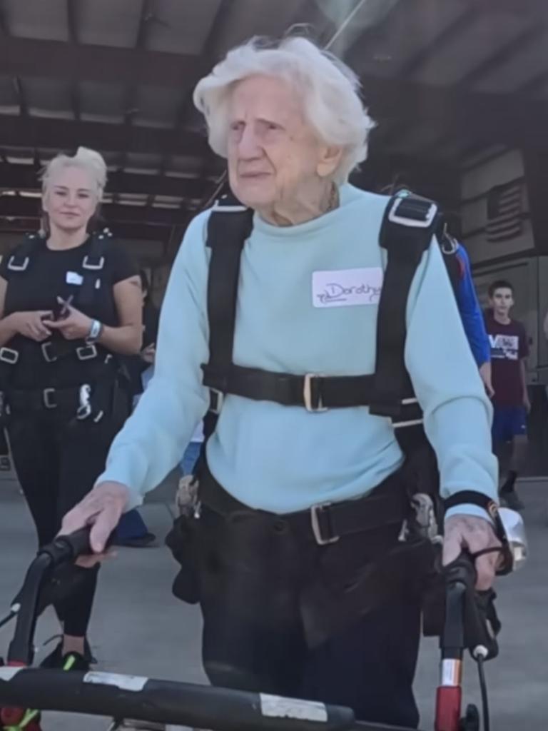 104-year-old Dorothy Hoffner left her walker on the ground as she headed off for a world record-breaking skydive in the US. Picture: Skydive Chicago/Facebook/facebook.com/SkydiveChicago/