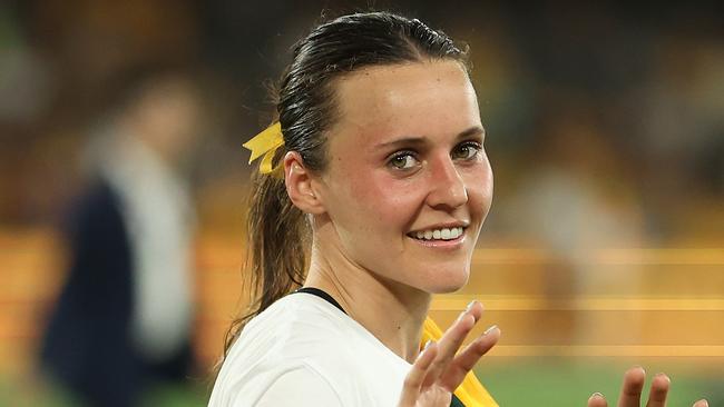 Hayley Raso of Australia celebrates after winning the AFC Women's Olympic Football Tournament Paris 2024 Asian Qualifier Round 3 match between Australia Matildas and Uzbekistan at Marvel Stadium. Picture: Robert Cianflone