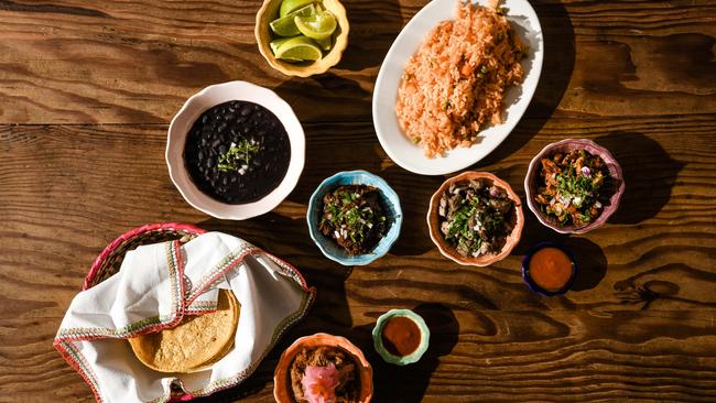 Tacos with various fillings, Mexican rice, black beans at La Popular Taqueria, Port Adelaide. Picture: Jack Fenby