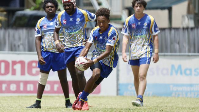 Xavier Lallemand of the Cairns Kangaroos in the Tom Tassell Trophy Under 14 boys semi final match against the Western Lions at Jones Park, September 2022. Picture: Brendan Radke