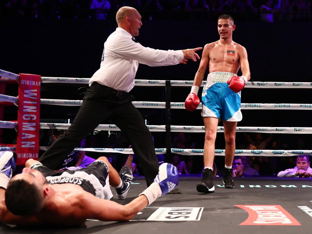 Beerwah’s Dana Coolwell knocks out Miles Zalewski in round 10 of the Super Featherweight bout at Fortitude Music Hall on December 04, 2021. Picture: Chris Hyde/Getty