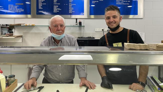 Tim and his father Theo Mazis at Cafe Ritz. Picture: Jason Katsaras