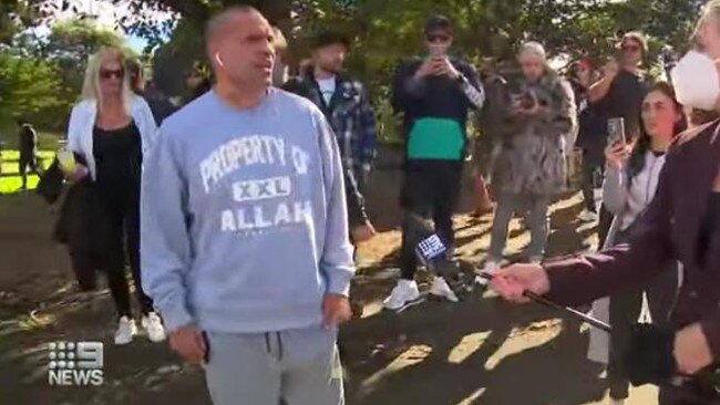 Police allege Anthony Mundine, seen at the Freedom Rally protest against lockdown conditions, is a serial breacher of Covid restrictions. Picture: 9 NEWS