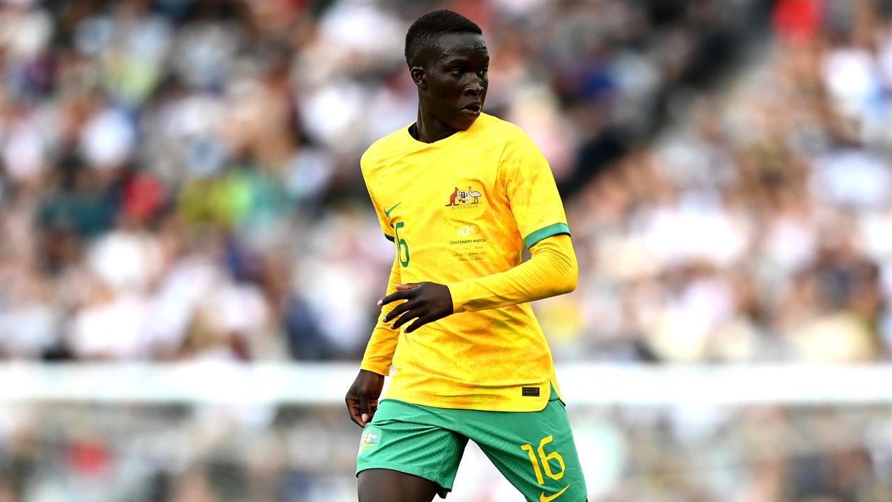 AUCKLAND, NEW ZEALAND - SEPTEMBER 25: Garang Kuol of the Socceroos makes a break during the International Friendly match between the New Zealand All Whites and Australia Socceroos at Eden Park on September 25, 2022 in Auckland, New Zealand. (Photo by Hannah Peters/Getty Images)