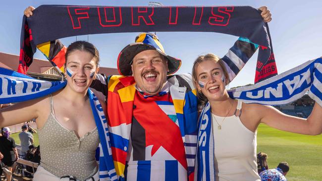 Gather Round 2024, Brisbane Lions v North Melbourne at Norwood Oval. Tommy Flanagan with Lucy Shepherd, 14 and Tilly Hume, 16 Picture: Ben Clark