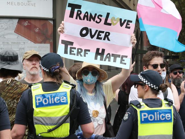 Protesters on the steps of Victorian parliament over UK far right activist Kellie-Jay Keen. Picture: David Crosling