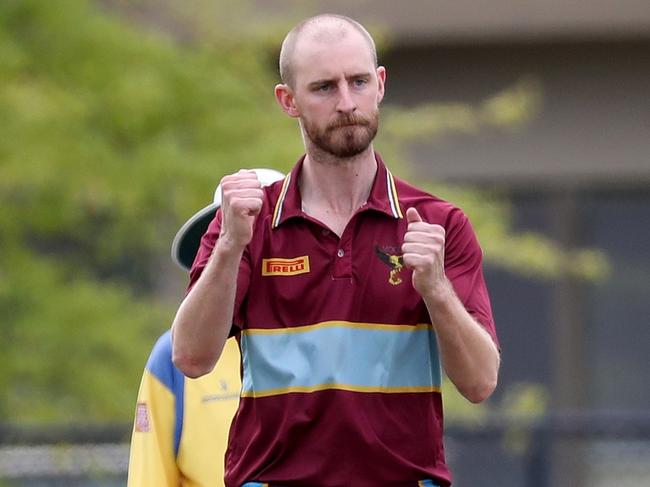 Joel Donnellan of Marcelin celebrates a wicket during the ECA Dunstan Shiled between Mont Albert and Marcellin played at Mont Albert on Saturday 12th October, 2019.