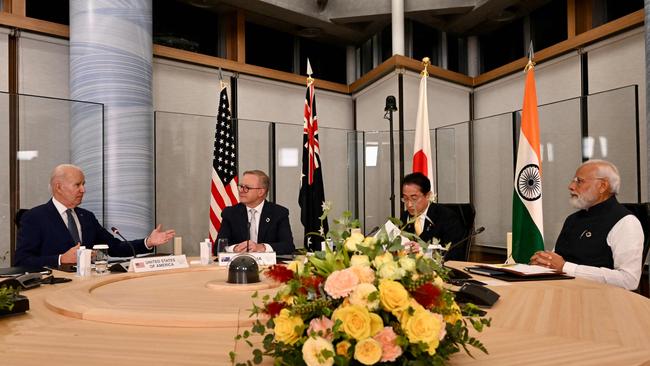 US President Joe Biden, Prime Minister Anthony Albanese, Japan's Prime Minister Fumio Kishida, and India's Prime Minister Narendra Modi at last year’s Quad summit in Hiroshima. Picture: AFP